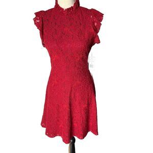 Alexia Admor Mini Dress Size S Red Fit & Flare Lace Ruffle Mock Neck Romantic